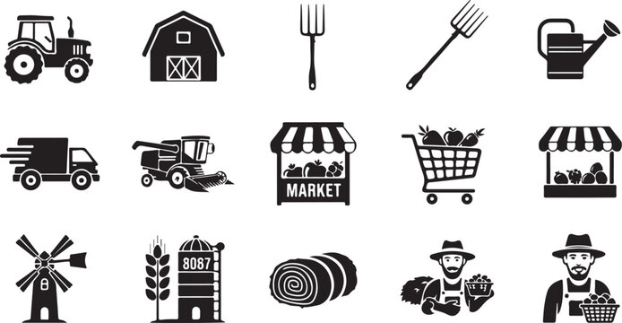 Agricultural icons and farm related symbols collection