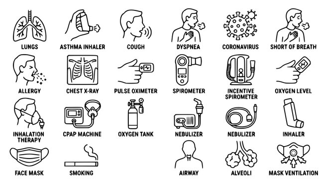 Respiratory health vector icons for medical professionals and patients