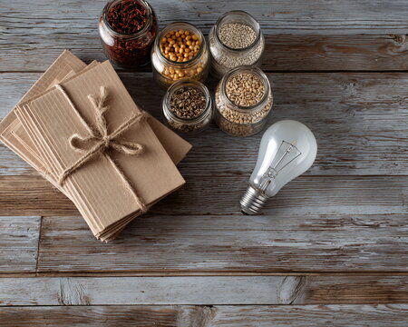 Meticulously arranged flat lay composition of craft paper envelopes, various grains, and a lightbulb