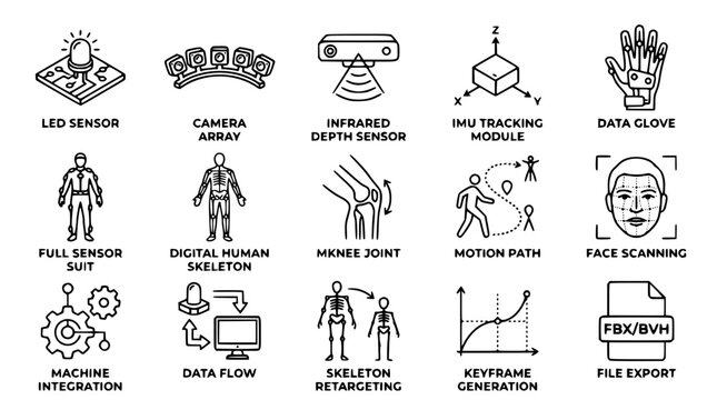 Vector graphic illustration of various motion capture technology components