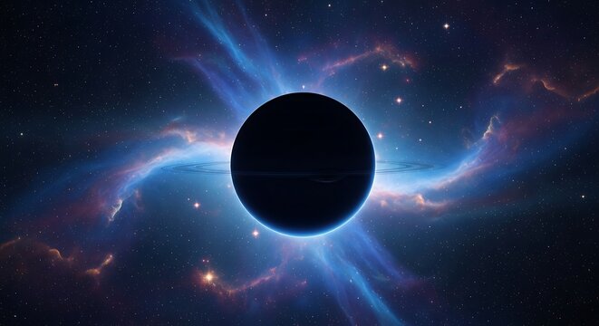Dark celestial body obscures distant stars and colorful nebulae