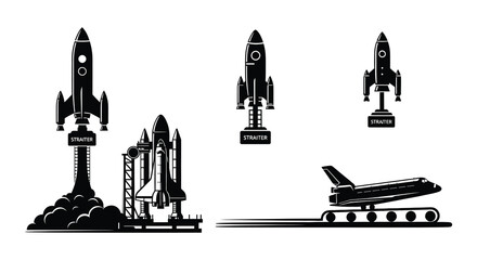 Collection of black silhouette rockets and spacecraft launching into the sky © MdNirob