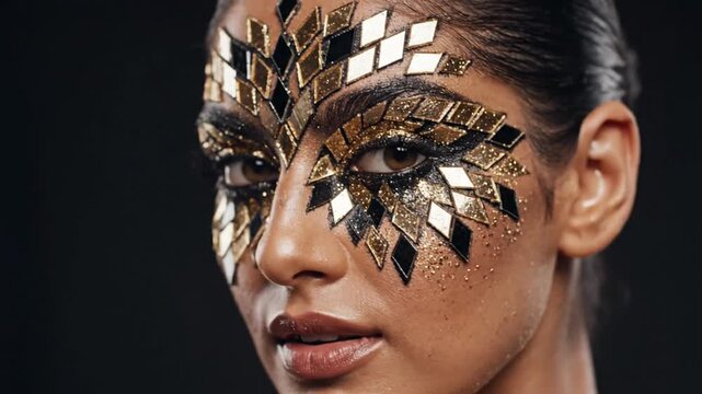 Woman with decorative facial art and sparkling makeup against dark backdrop