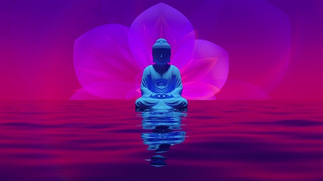 A serene seamless 3d animation loop featuring a blue Buddha statue meditating on reflective water against a glowing lotus mandala and a vibrant night gradient background.