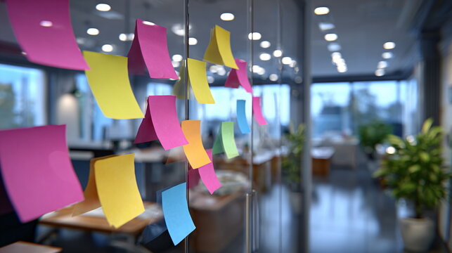 Colorful sticky notes on a glass wall in a modern office creating an organized sunlit space