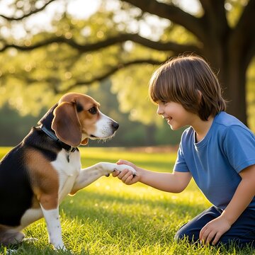 Boy and Beagle Dog Shake Paws in Park.