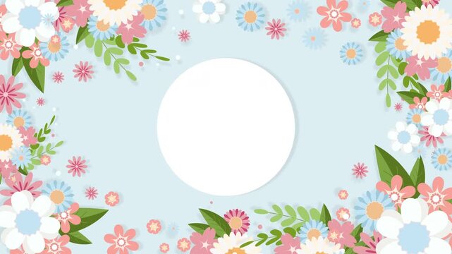 Horizontal 4K animation Light blue background, flowers appearing along edges Circular card in center for text Copy space Elegant floral motion design For greetings, invitations, social media visuals