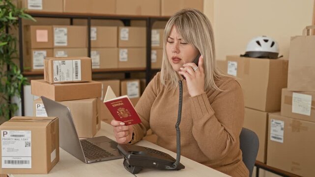 Woman holding spanish passport and speaking on a desk telephone while checking parcel labels and laptop orders in a shipping building; logistics concern.