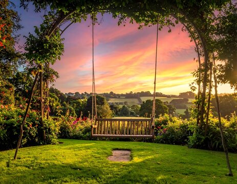 A wooden swing hangs under an archway overflowing with vines, set against a stunning sunset over a rolling landscape