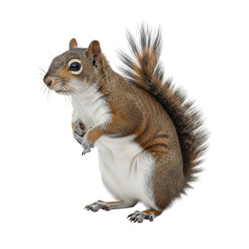 A brown and white squirrel standing on its hind legs isolated on transparent background
