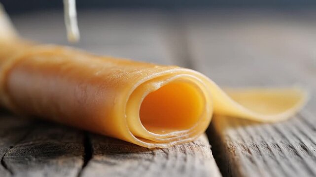 A close up of a rolled fruit leather, with a thin stream of honey or syrup being drizzled onto it, set on a rustic wooden surface