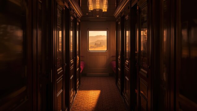 Vacant hallway of train car.