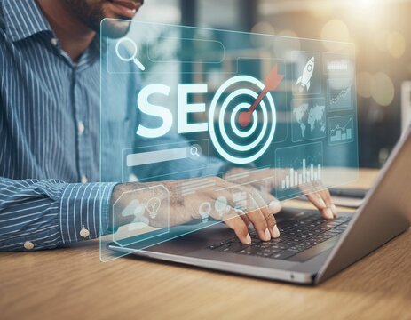 Person uses laptop for search engine optimization work at a desk in an office during the day while focusing on digital graphics