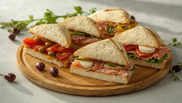 Variety of Italian triangle-shaped tramezzini sandwiches