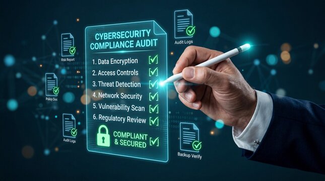 Cybersecurity compliance audit checklist with various tasks related to data protection and network security