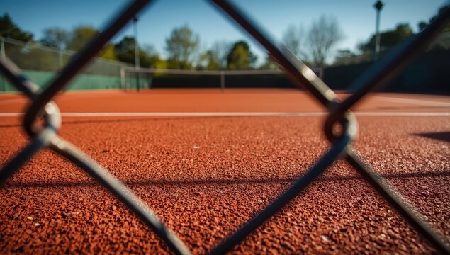 View of red clay tennis court through chain link fence.