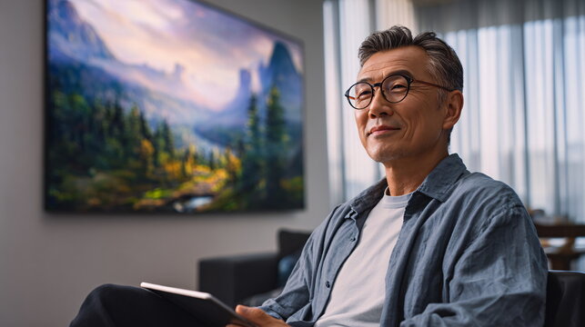 Smiling middle-aged East Asian man with glasses relaxes at home with tablet