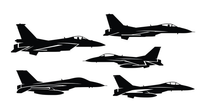 Four silhouettes of fighter jets in dynamic flight formations