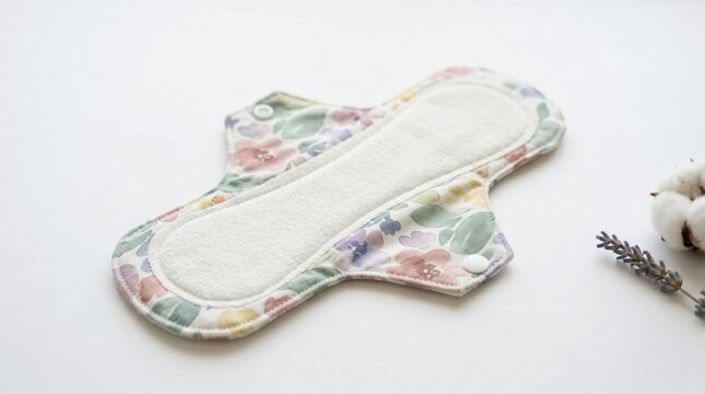 Washable and reusable fabric menstrual pad on white background.