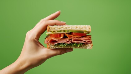 Naklejka premium Woman's hand grasping tasty ham sandwich against green backdrop.