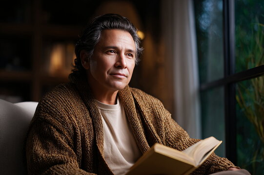 Middle-aged Hispanic man in cozy cardigan, calm and focused, reading by window at dusk