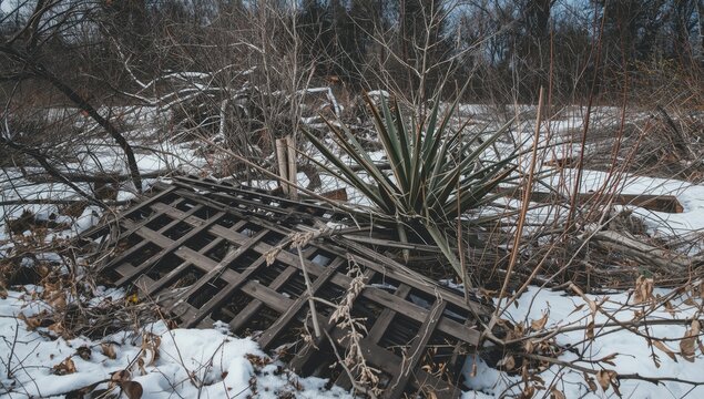 Winter winds toppled garden fence due to climate change storm.