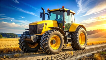 Fototapeta premium A vibrant yellow agricultural vehicle is parked on a dirt path in a wheat field, under a sunny sky. The golden hour light bathes the scene