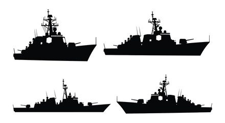 Silhouettes of modern naval warships against a white background © MdNirob