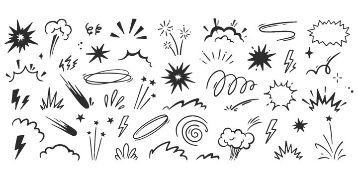 An energetic collection of hand-drawn comic book style elements featuring explosions, bursts, lightning, and speed lines.