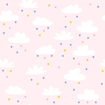 Cute seamless pattern with clouds and hearts. Kids print. Vector hand drawn illustration.