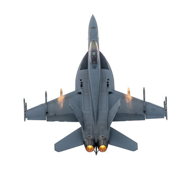 FA18 Hornet fighter jet in flight viewed from above.