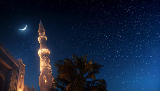 Mosque stands in moonlit. The peaceful ambience highlights the serene atmosphere of the Prophet's Mosque, one of the holiest sites in Islam.