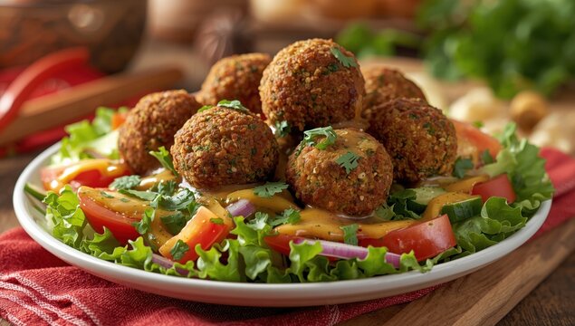 Homemade deep-fried vegetarian falafel, made with chickpeas and broccoli, served on a salad bed. Middle Eastern cuisine.