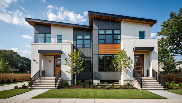 Modern duplex house with striking contemporary architecture featuring wood accents and clean lines