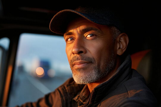 African American male truck driver looking ahead on road at sunset