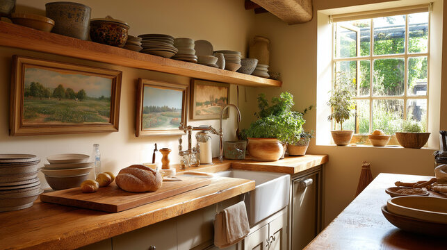 Farmhouse kitchen with rustic wood frames holding meadow paintings on open shelves and a bread board beneath in late afternoon light cozy country interior
