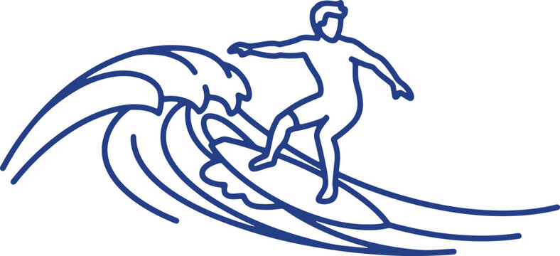 Surfer riding wave simple outline blue illustration extreme sports outdoor recreation.