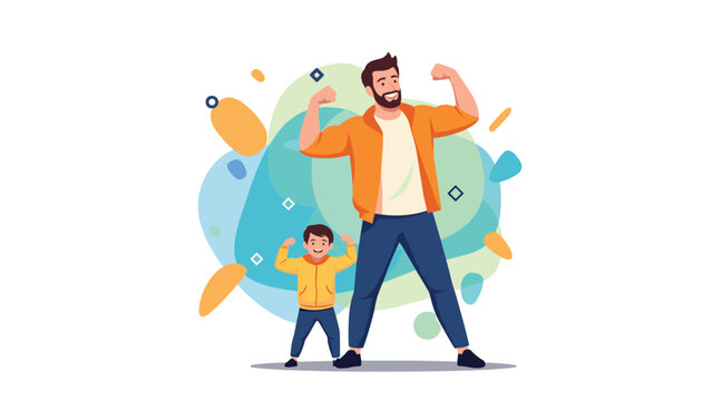 Father and son show off their strength by flexing their arm muscles together in front of an abstract colorful background design.