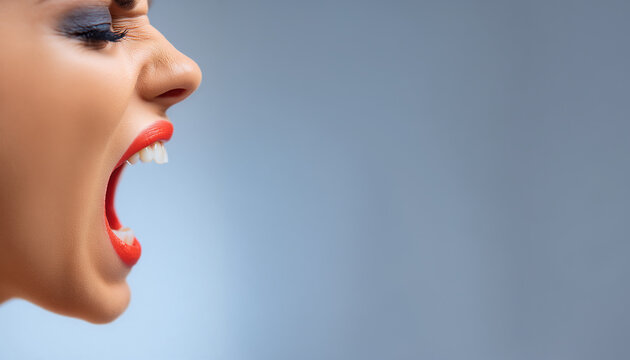 Woman shouting emotion. Close up on face. A woman stands against a plain background and shouts out loud. She uses her hands to amplify her voice while expressing strong emotions. Copy space