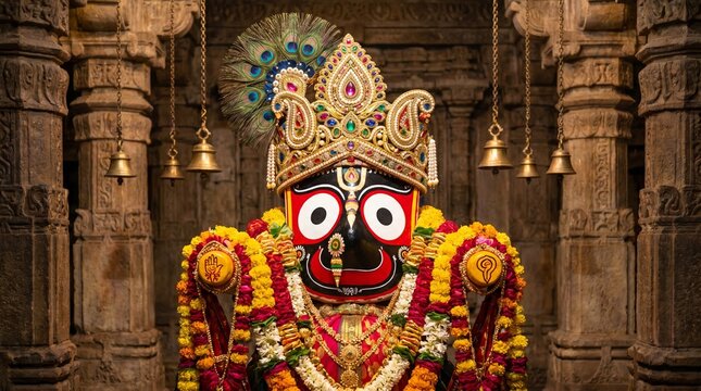 Lord Jagannath richly decorated with precious jewels, colorful traditional attire, sacred Hindu deity illustration, majestic ceremonial and devotional artwork 