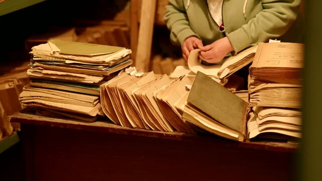 Repository Specialist Sorting Through Aged Paperwork Stacks. Data Retrieval In Archive