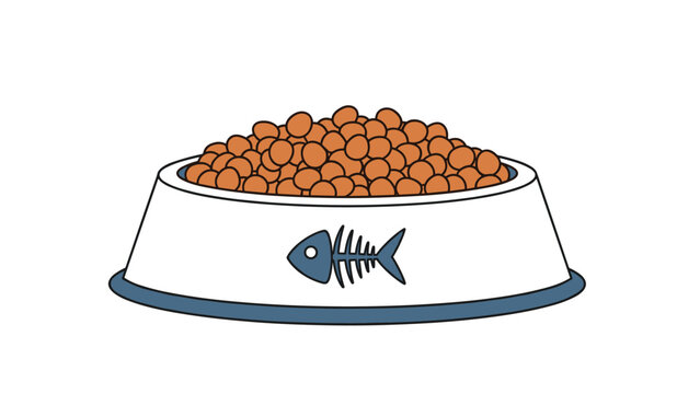 White pet food bowl filled to the brim with brown kibble pellets featuring a blue fish bone icon on the side.