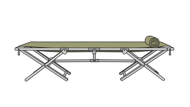 Portable military style folding camping cot with a rolled olive green sleeping mat is ready for outdoor adventure and rest.