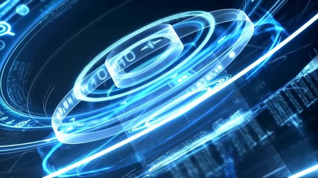 Tracking shot slow motion zoom of holographic interface rings rotating and revealing data in digital virtual cyber environment