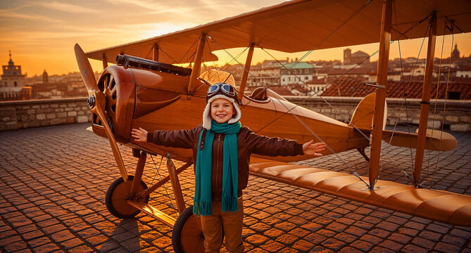 Boy in vintage pilot costume by a wooden biplane at sunset. Child wearing aviator goggles and scarf on a scenic rooftop. Childhood dreams and adventure concept for travel and inspiration ads.