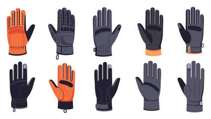 Fototapeta premium Comprehensive set of ten different styles of tactical and work gloves in various colors like orange black and dark gray.