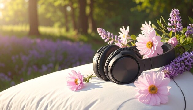 Headphones on pillow with flowers, serene outdoor listening scene.