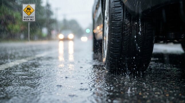 Car Tire on Wet Road Highlighting Traction Safety and Realistic Driving Conditions in Rainy Weather Environment