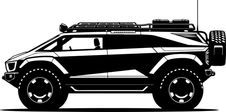 Off-road SUV, 4x4 vehicle, car silhouette, black illustration, adventure automotive