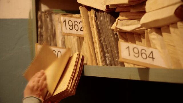 Searching For Old Files In Vintage Storage. Historical Records Catalogued. Data Retrieval In Repository 